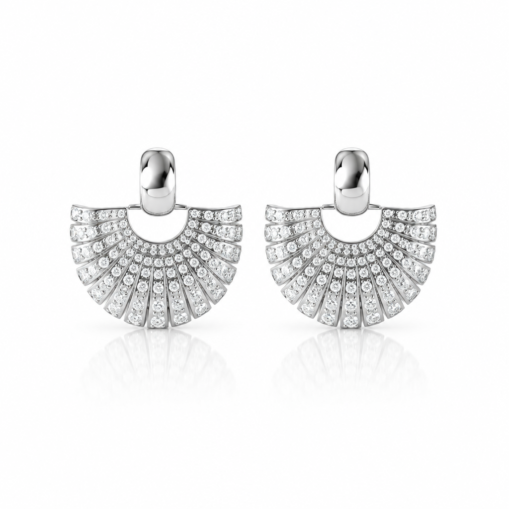 Art Deco Radiance fan earrings in silver tone with pavé stones and a polished top – Victoria London