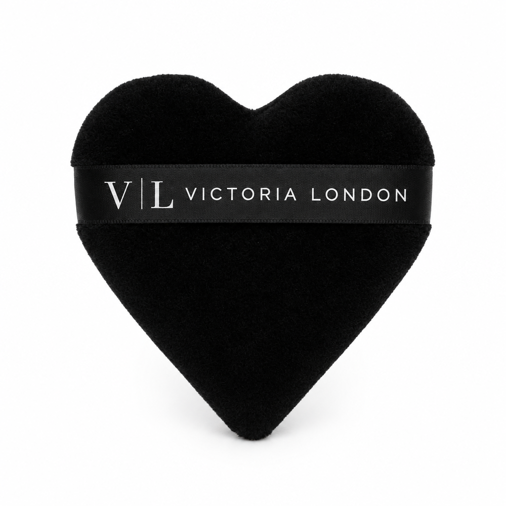 Heart You XL Powder Puff, a black heart-shaped puff with a branded logo strap – Victoria London