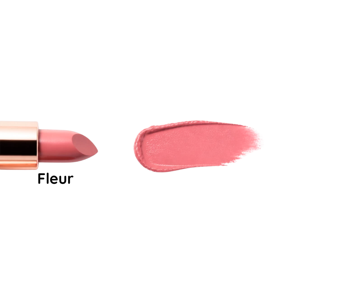 A close-up of a lipstick bullet next to a swatch of the shade, labeled 'Fleur' on a plain white background.