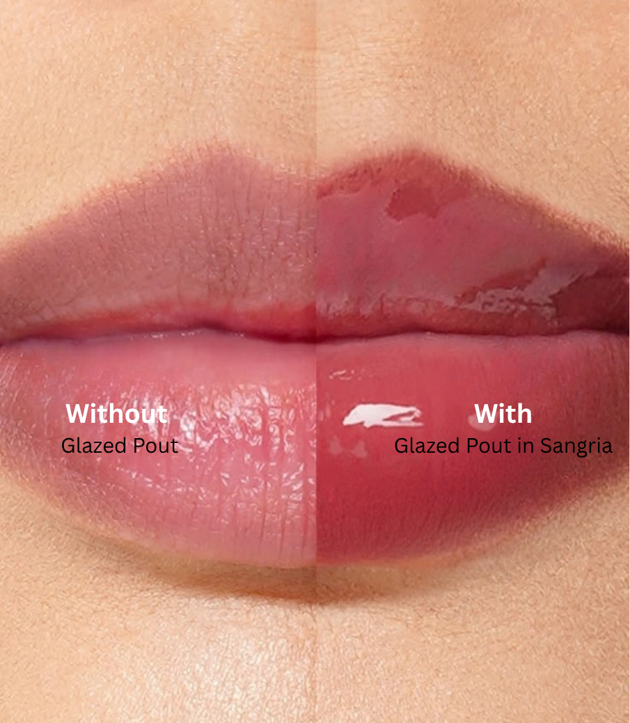 Close-up of lips demonstrating a lip gloss product, split down the middle with text reading 'Without Glazed Pout' on the left and 'With Glazed Pout in Sangria' on the right.