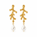 Oceanic Coral earrings with a textured gold-tone coral branch and pear-shaped pearl drop – Victoria London