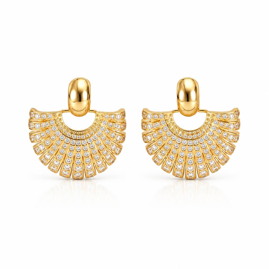 Art Deco Radiance fan earrings in gold tone with pavé stones and a polished gold-tone top – Victoria London