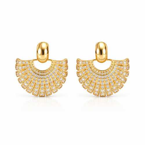 Art Deco Radiance fan earrings in gold tone with pavé stones and a polished gold-tone top – Victoria London