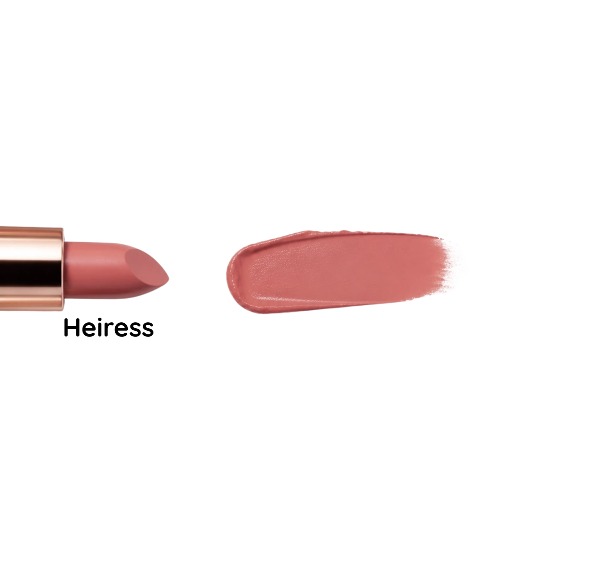 A lipstick bullet in a dusty rose-pink shade is shown next to a matching swatch smear on a plain white background, with the text 'Heiress' underneath the bullet.