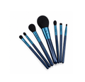 A 7-piece makeup brush set with metallic blue handles, black bristles, and matching blue ferrules, arranged on a plain white background.