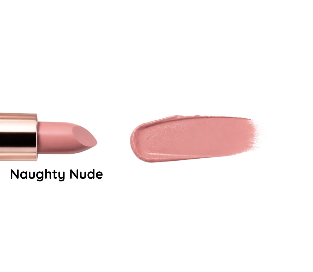 A lipstick bullet in a dusty pink shade next to a matching pink cream swatch on a white background, with the text 'Naughty Nude' printed below.