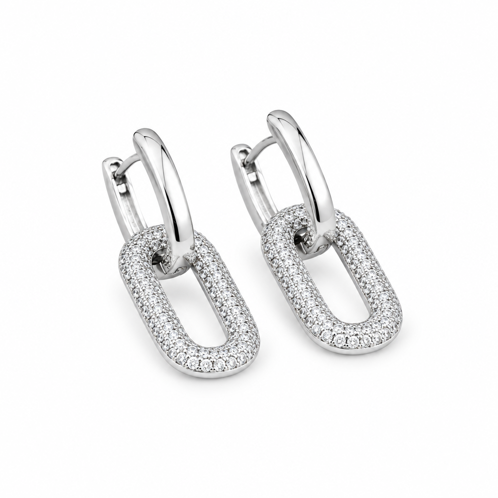 Silver Dual Link Pavé Drop Hoops with a polished silver-tone huggie and pavé oval link – Victoria London