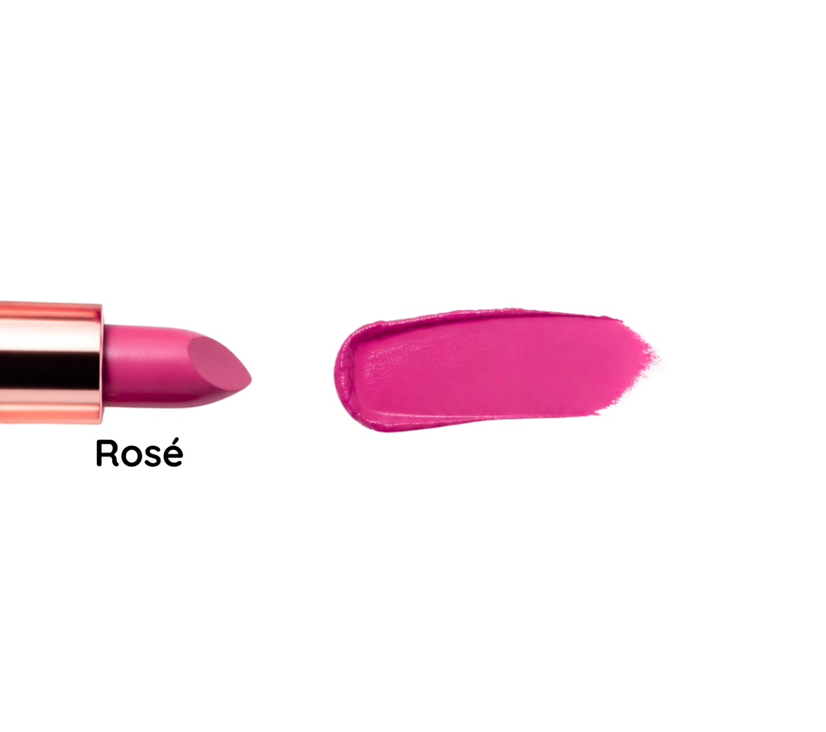A pink lipstick bullet shown next to a matching pink color swatch on a white background, with the text 'Rosé' below the bullet.