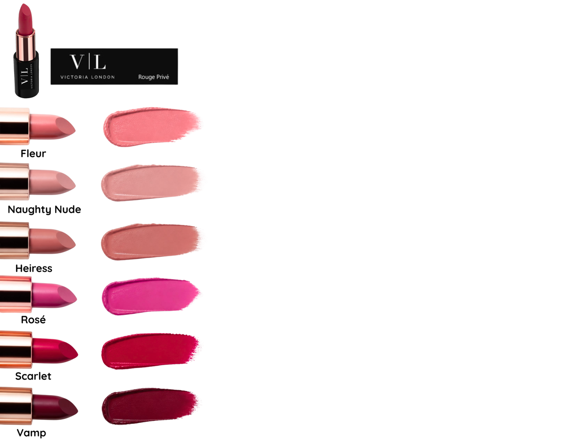 Victoria London lipstick shade chart on a white background, showing six lipstick bullets with color swatches labeled Fleur, Naughty Nude, Heirless, Rosé, Scarlet, and Vamp.