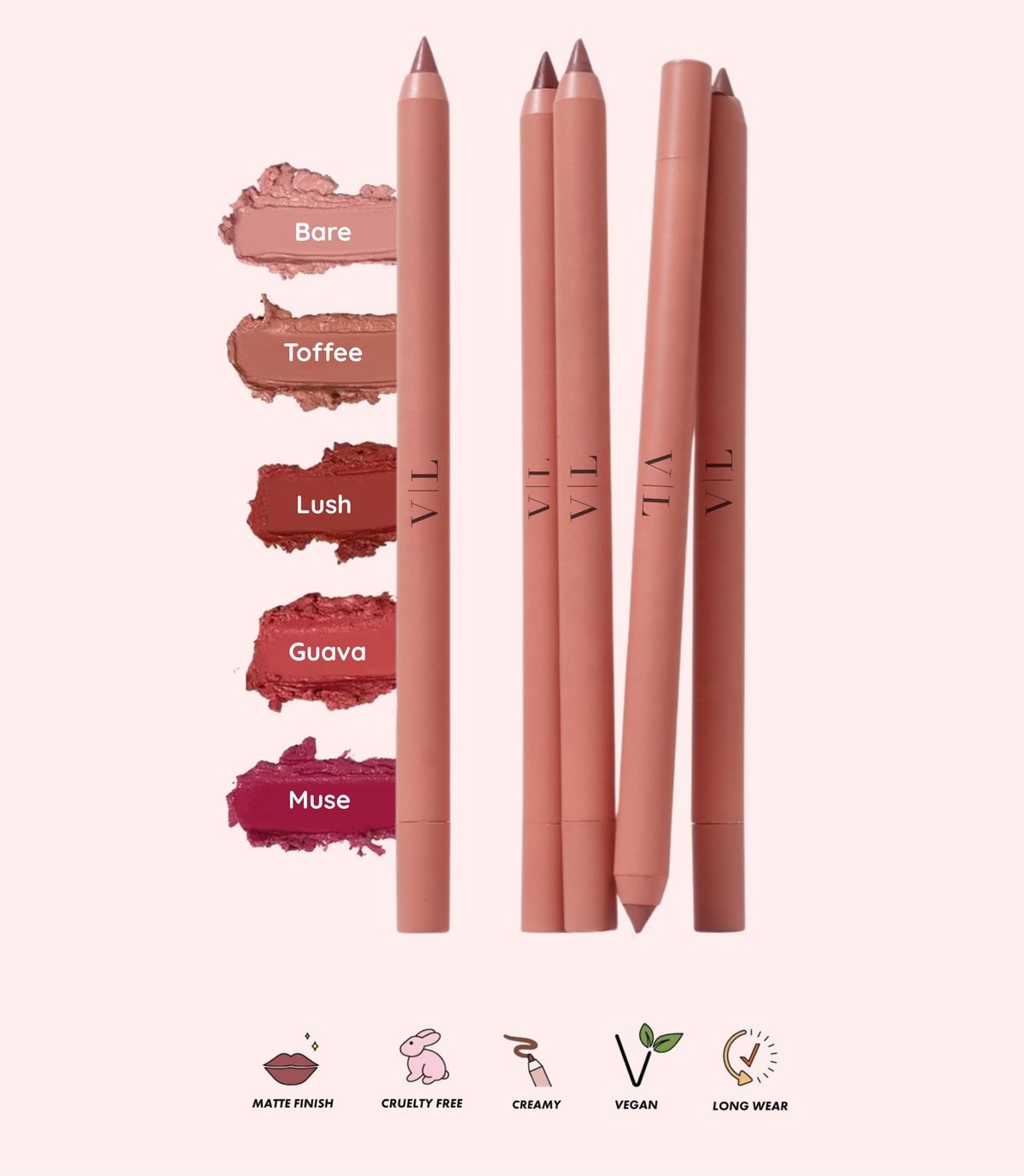 Victoria London Beauty Satin Contour creamy lip liner in five shades: Bare, Toffee, Lush, Guava and Muse.