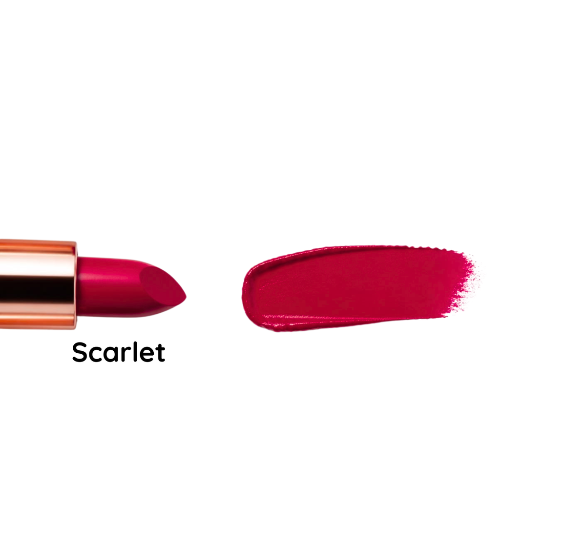A lipstick bullet in a deep scarlet pink is shown next to a matching lipstick swatch on a plain white background, with the text 'Scarlet' below the bullet.