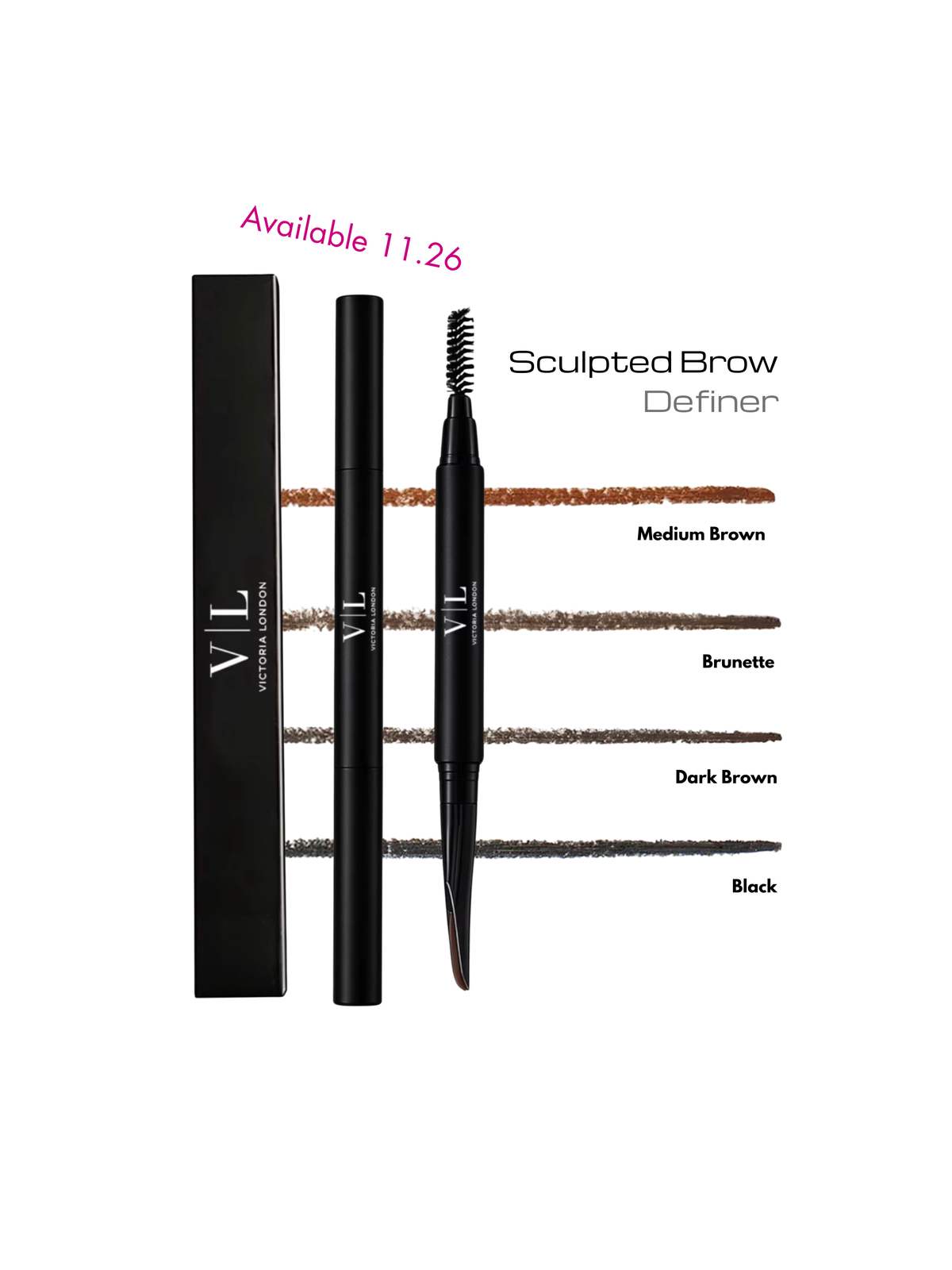 VIL Sculpted Brow Definer eyebrow pencil and its black packaging box on a white background, with shade options labeled Medium Brown, Brunette, Dark Brown, and Black.