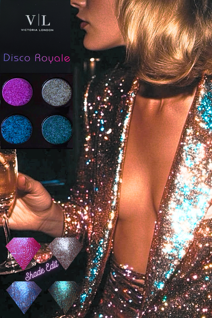 Disco Royale Eyeshadow Quad campaign image with a model in a sequin dress and diamond-shaped swatches – Victoria London