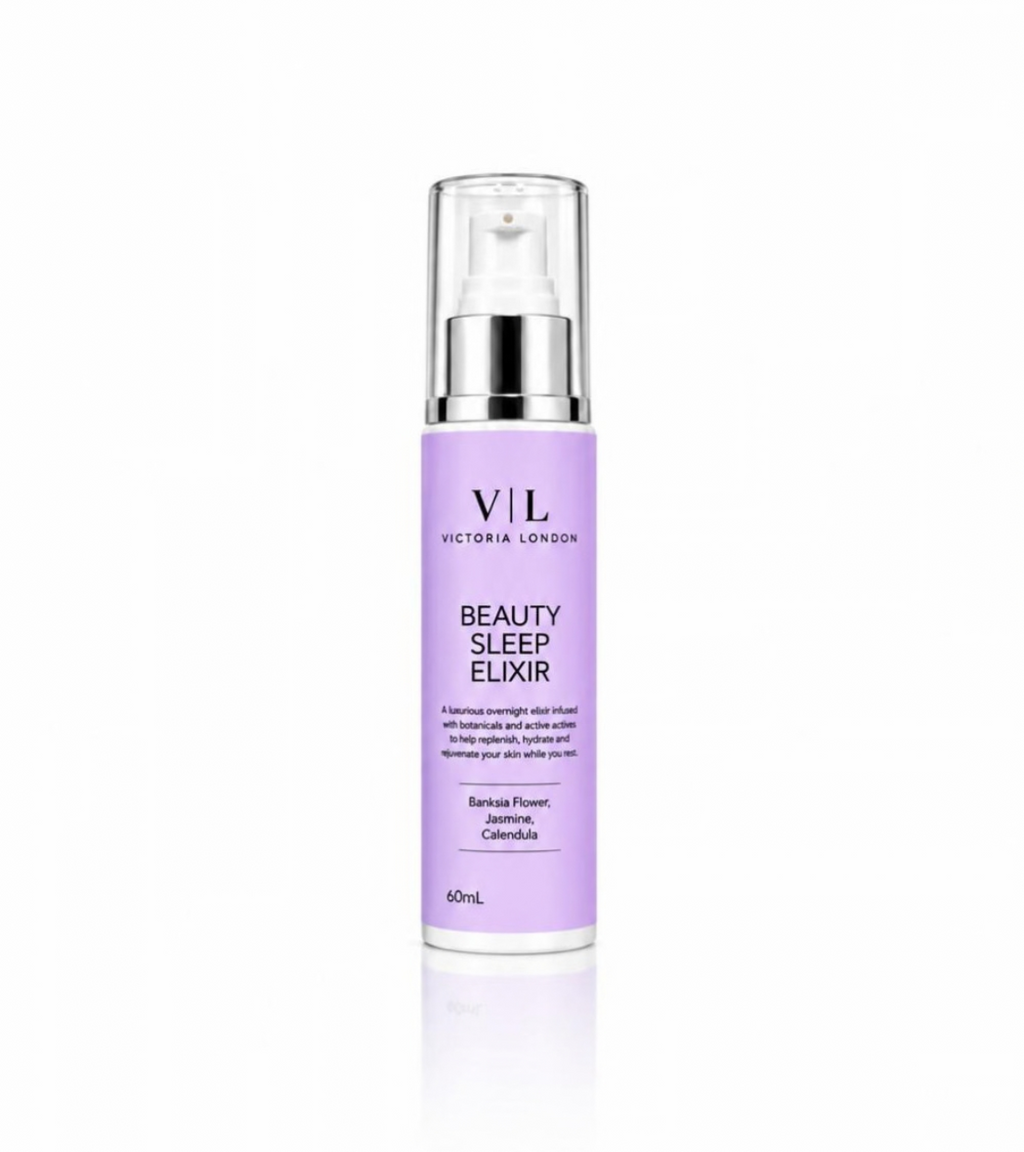 A bottle of Victoria London Beauty Sleep Elixir in lavender purple with a silver pump and clear cap, centered on a white background with a soft reflection.