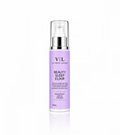 A bottle of Victoria London Beauty Sleep Elixir in lavender purple with a silver pump and clear cap, centered on a white background with a soft reflection.