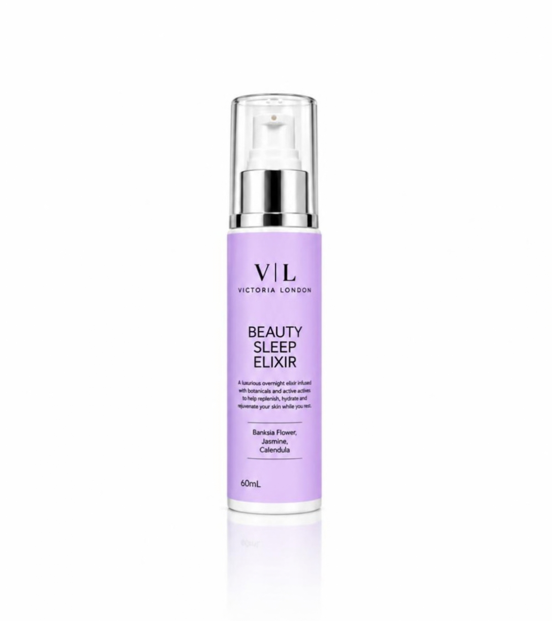 A bottle of Victoria London Beauty Sleep Elixir in lavender purple with a silver pump and clear cap, centered on a white background with a soft reflection.