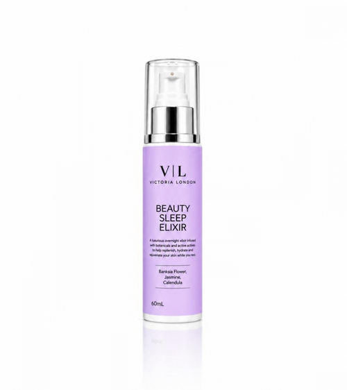 A bottle of Victoria London Beauty Sleep Elixir in lavender purple with a silver pump and clear cap, centered on a white background with a soft reflection.