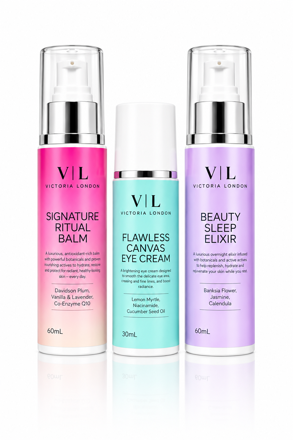 The Signature Skincare Trio: Signature Ritual Balm, Flawless Canvas Eye Cream and Beauty Sleep Elixir – Victoria London