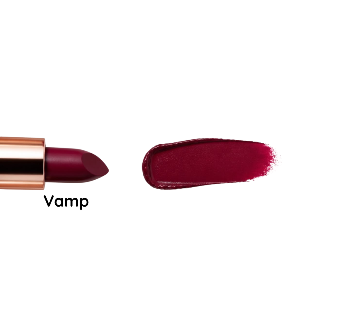 A lipstick bullet in a deep burgundy shade shown next to a matching lipstick swatch on a plain white background, with the text 'Vamp' below the bullet.