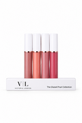 Four lip gloss tubes in white and clear packaging with pink and nude shades, displayed above a white box labeled 'VIL The Glazed Pout Collection' on a white background.