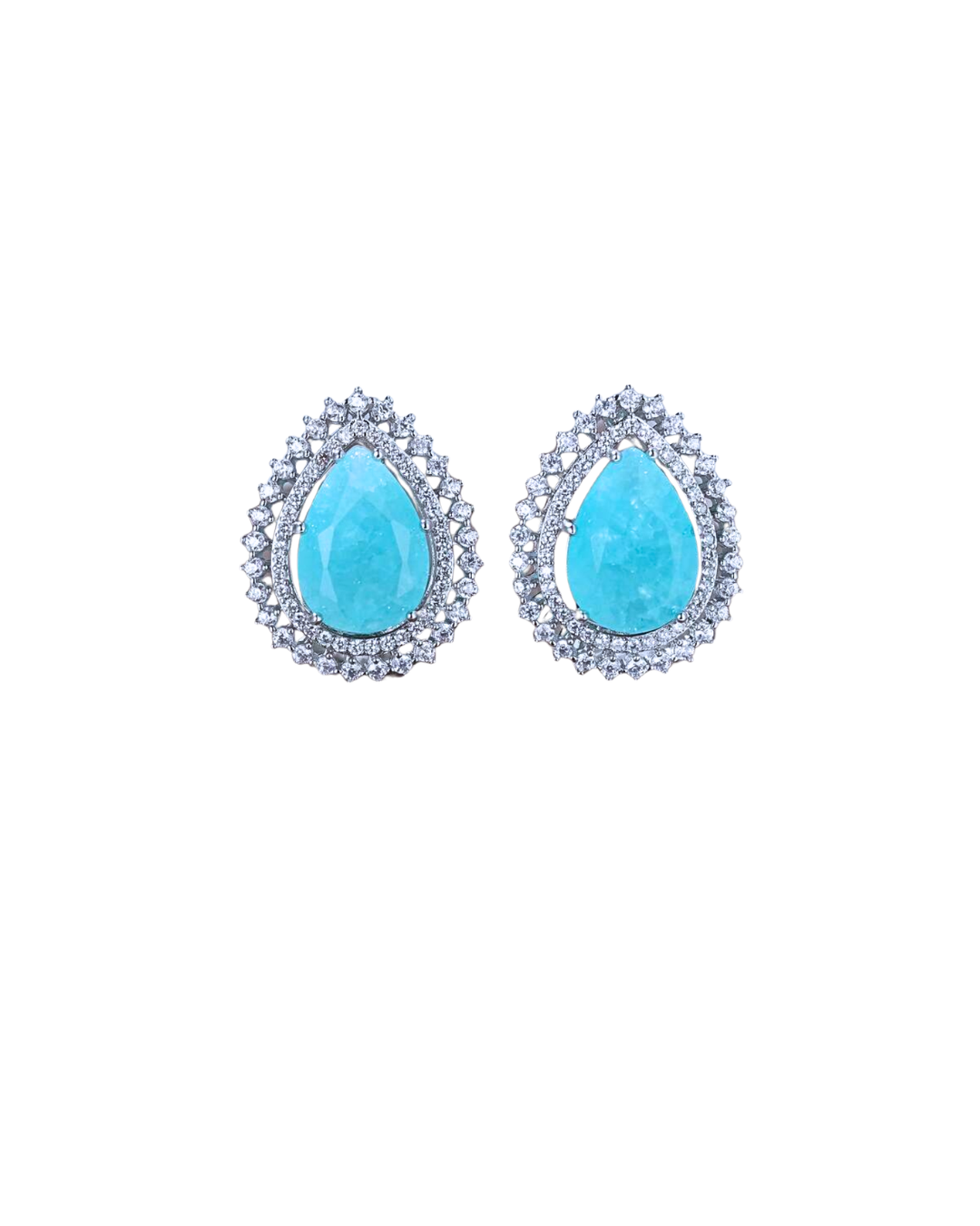 A pair of teardrop-shaped stud earrings featuring a central light blue turquoise stone surrounded by a halo of small clear stones, set in silver-toned metal on a plain white background.