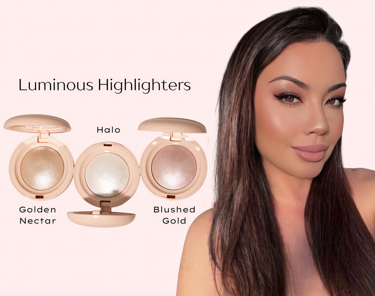 Three open compact highlighters labeled Golden Nectar, Halo, and Blushed Gold are shown on a pale pink background beside a woman wearing the product. Text reads 'Luminous Highlighters.