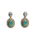 A pair of gold drop earrings featuring oval turquoise-colored center stones surrounded by small clear crystals, with a round clear crystal stud above, set against a plain white background.