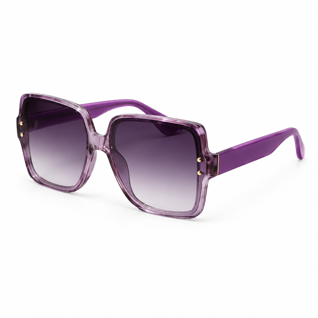 Sunglasses with purple frame and gradient lenses on a white background