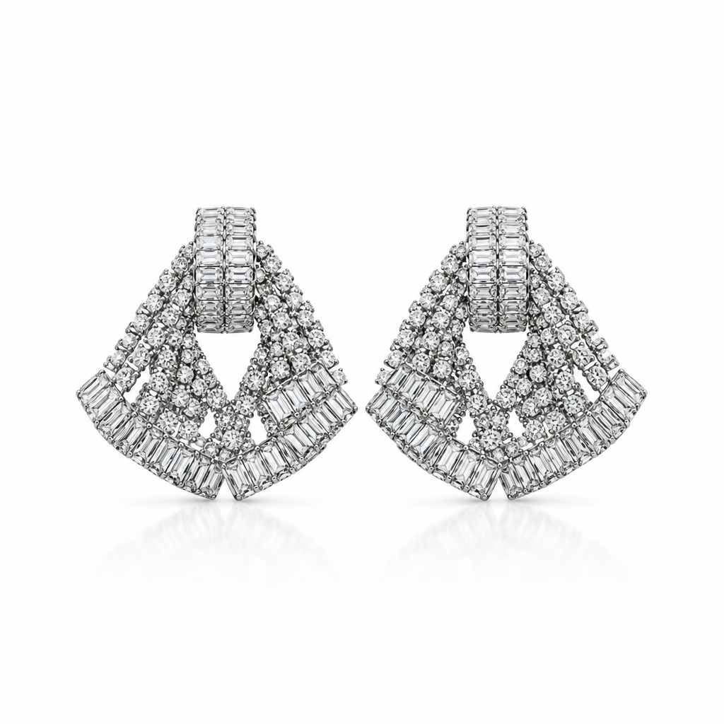 Art Deco fan earrings in silver tone with baguette and pavé stones in a geometric fan shape – Victoria London