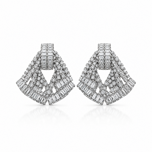 Art Deco fan earrings in silver tone with baguette and pavé stones in a geometric fan shape – Victoria London