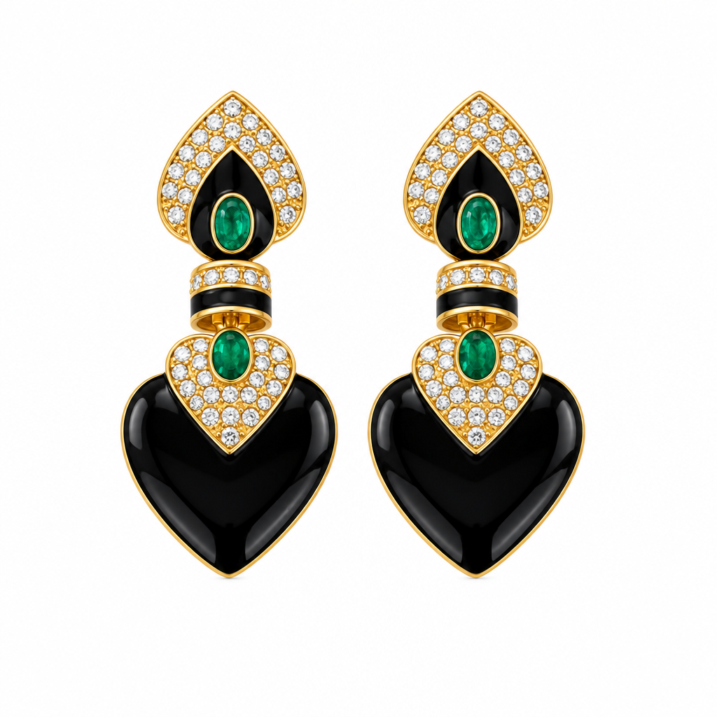 Vintage-inspired black enamel heart drop earrings with emerald-green cabochons and pavé gold-tone borders – Victoria London