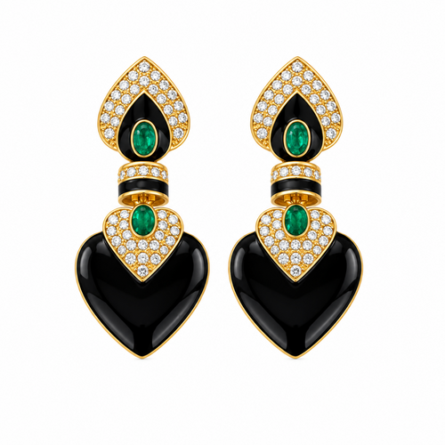 Vintage-inspired black enamel heart drop earrings with emerald-green cabochons and pavé gold-tone borders – Victoria London