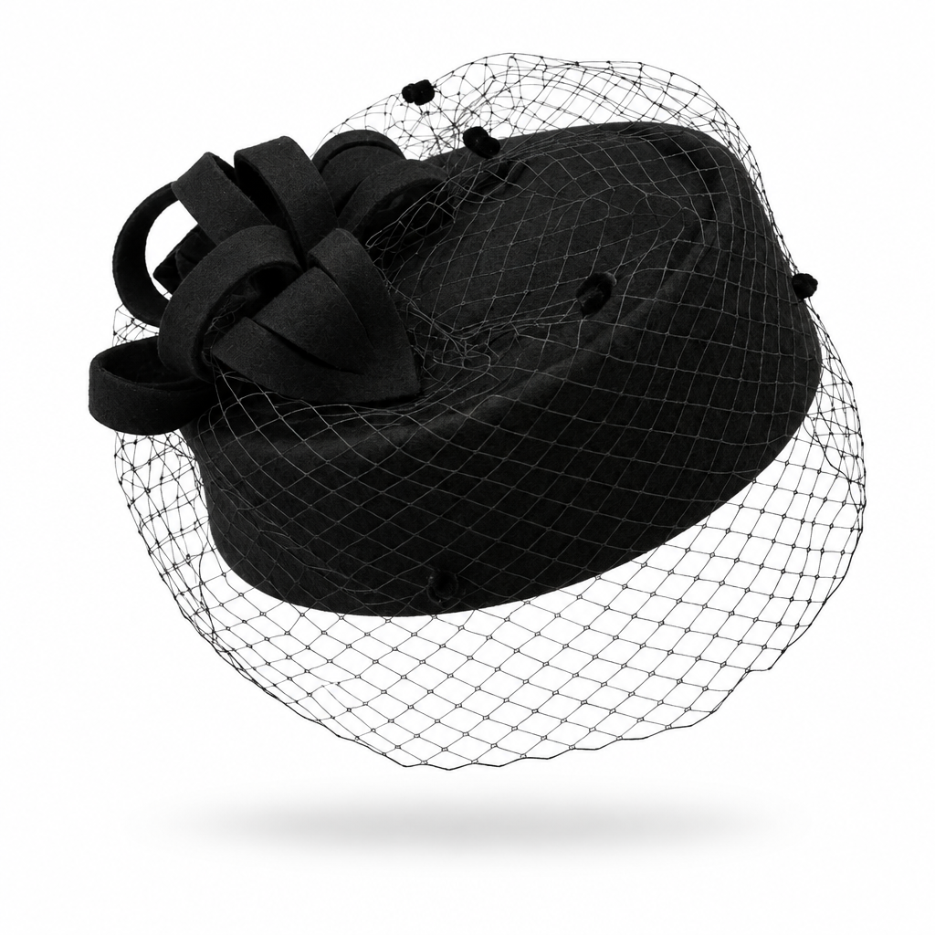 Classic black felt pillbox fascinator hat with looped sculptural bow and dotted birdcage veil – Victoria London