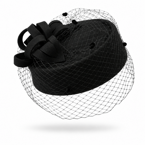 Classic black felt pillbox fascinator hat with looped sculptural bow and dotted birdcage veil – Victoria London