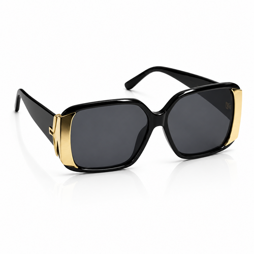 High-glamour black oversized square sunglasses with gold side wraps and dark grey lenses – Victoria London