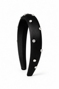 Black satin padded headband scattered with bezel-set clear crystals – Victoria London