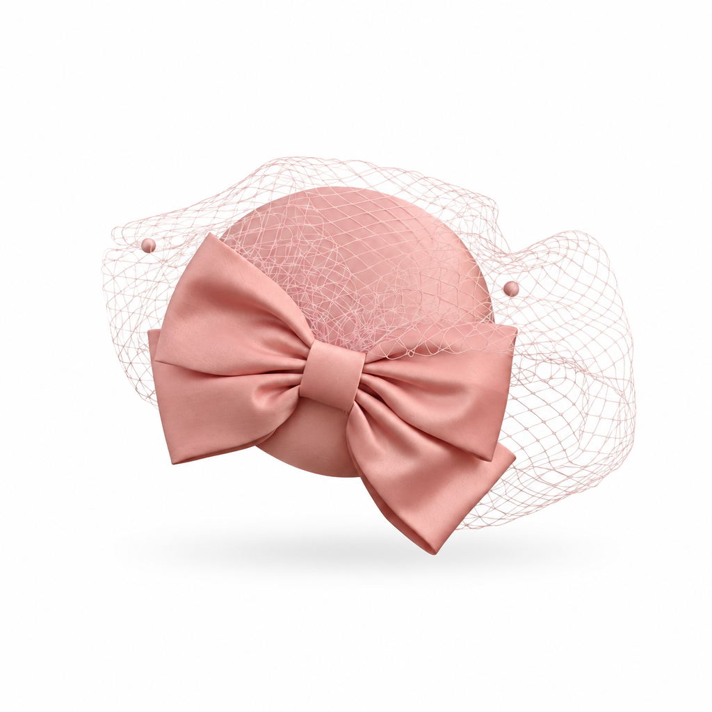 Blush pink satin pillbox fascinator hat with oversized satin bow and tonal birdcage veil – Victoria London