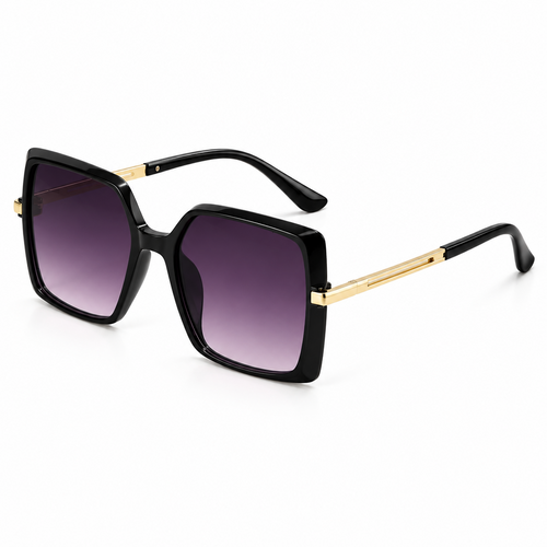 Classic black oversized square sunglasses with gold metal temples and purple gradient lenses – Victoria London