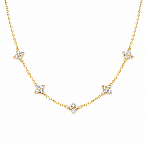 Delicate floral cluster station necklace in gold tone with crystal four-petal flowers on a fine chain – Victoria London