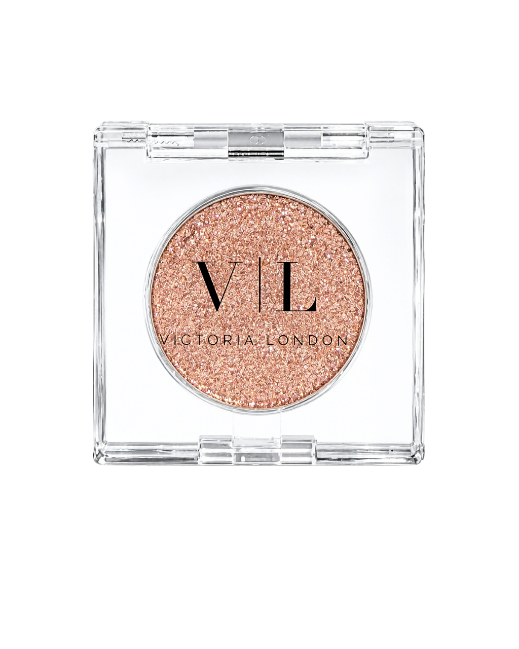 Diamond Veil single eyeshadow in a peach-rose glitter shade in a clear square compact – Victoria London