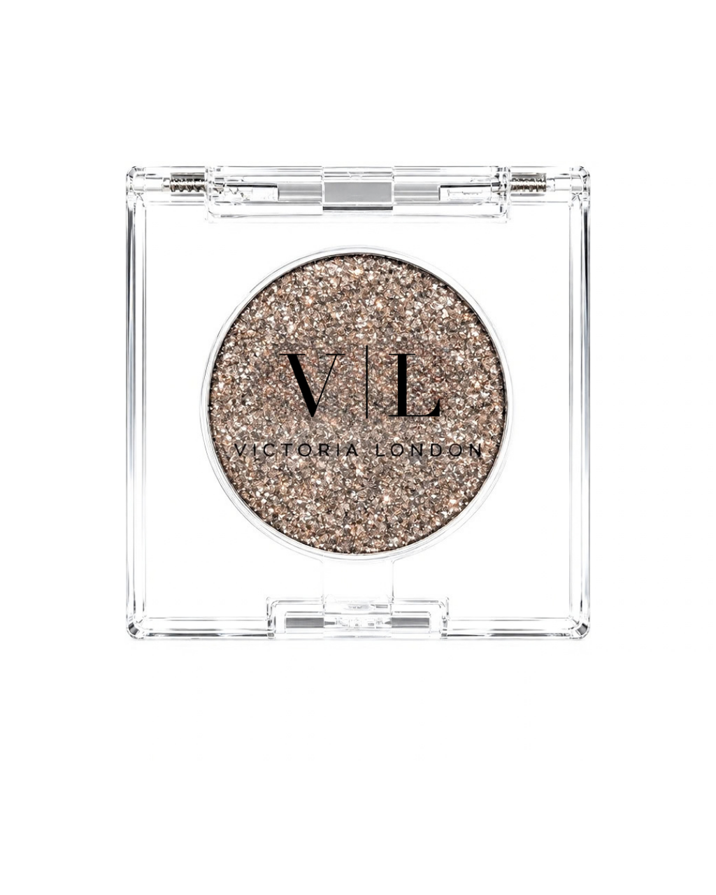 Diamond Veil single eyeshadow in a taupe and silver glitter shade in a clear square compact – Victoria London