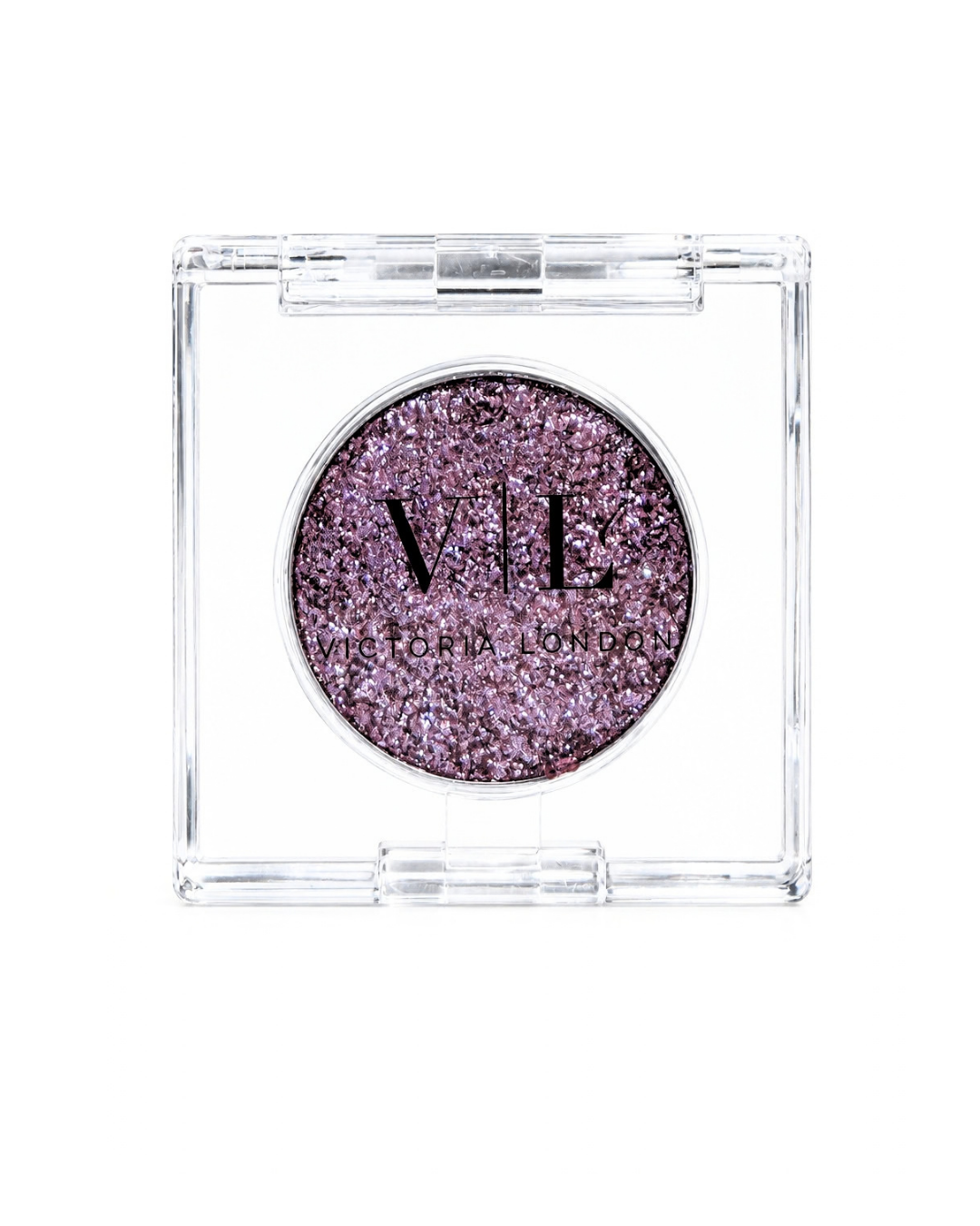 Diamond Veil single eyeshadow in a mauve-plum glitter shade in a clear square compact – Victoria London