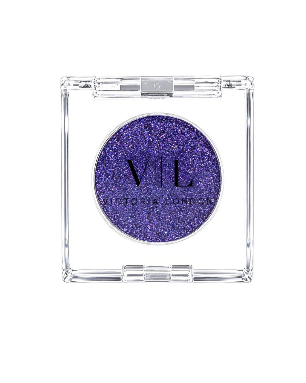 Diamond Veil single eyeshadow in a violet-blue glitter shade in a clear square compact – Victoria London