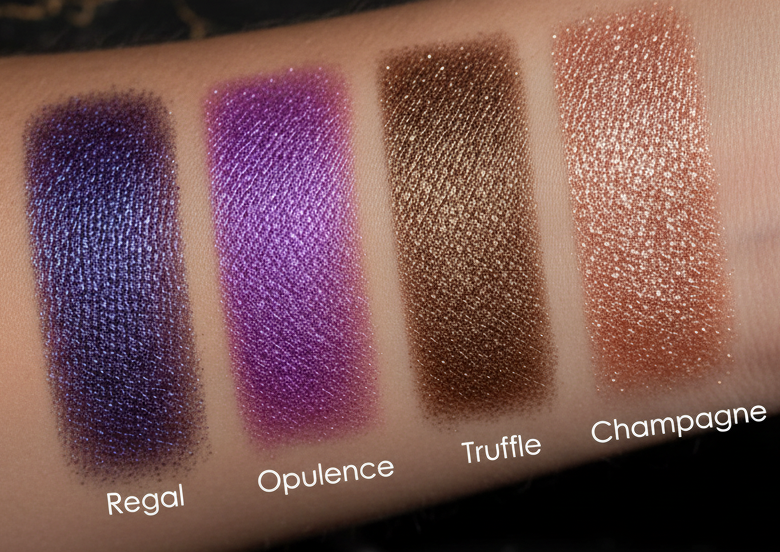 Diamond Veil eyeshadow swatches on skin in Regal, Opulence, Truffle and Champagne – Victoria London