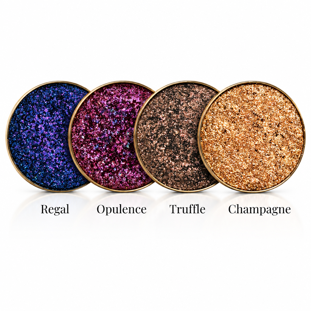 Diamond Veil single eyeshadows in Regal, Opulence, Truffle and Champagne, four glitter pans – Victoria London
