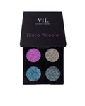 Disco Royale Eyeshadow Quad with four glitter shades in purple, silver, teal and blue – Victoria London