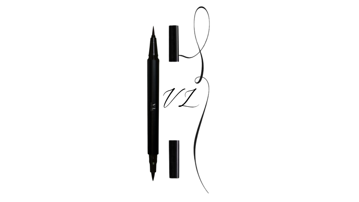 Dual Precision Felt-Tip Eyeliner, a black double-ended pen shown with its cap off – Victoria London