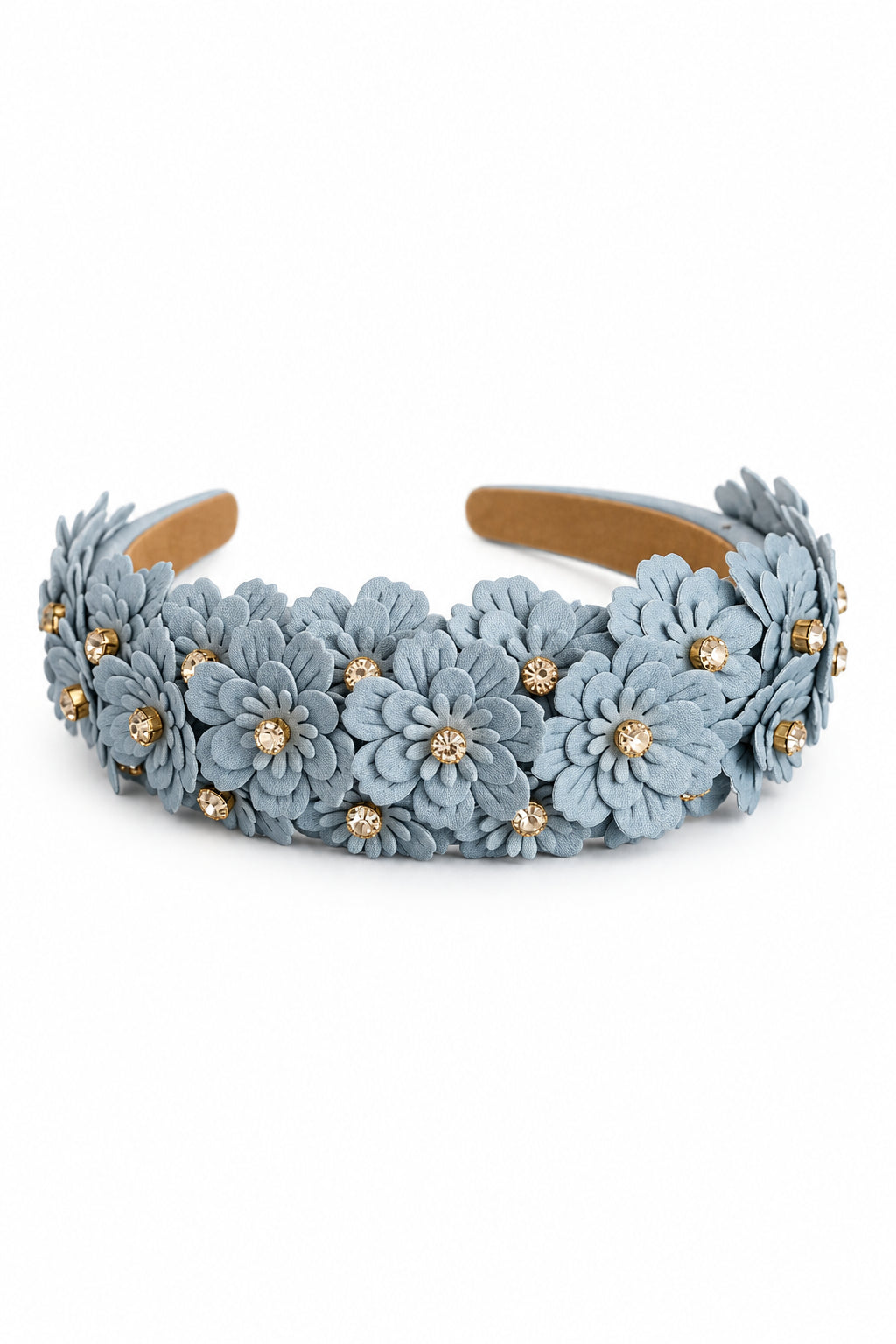 Dusty blue floral crown headband with layered faux-leather flowers and golden crystal centres – Victoria London