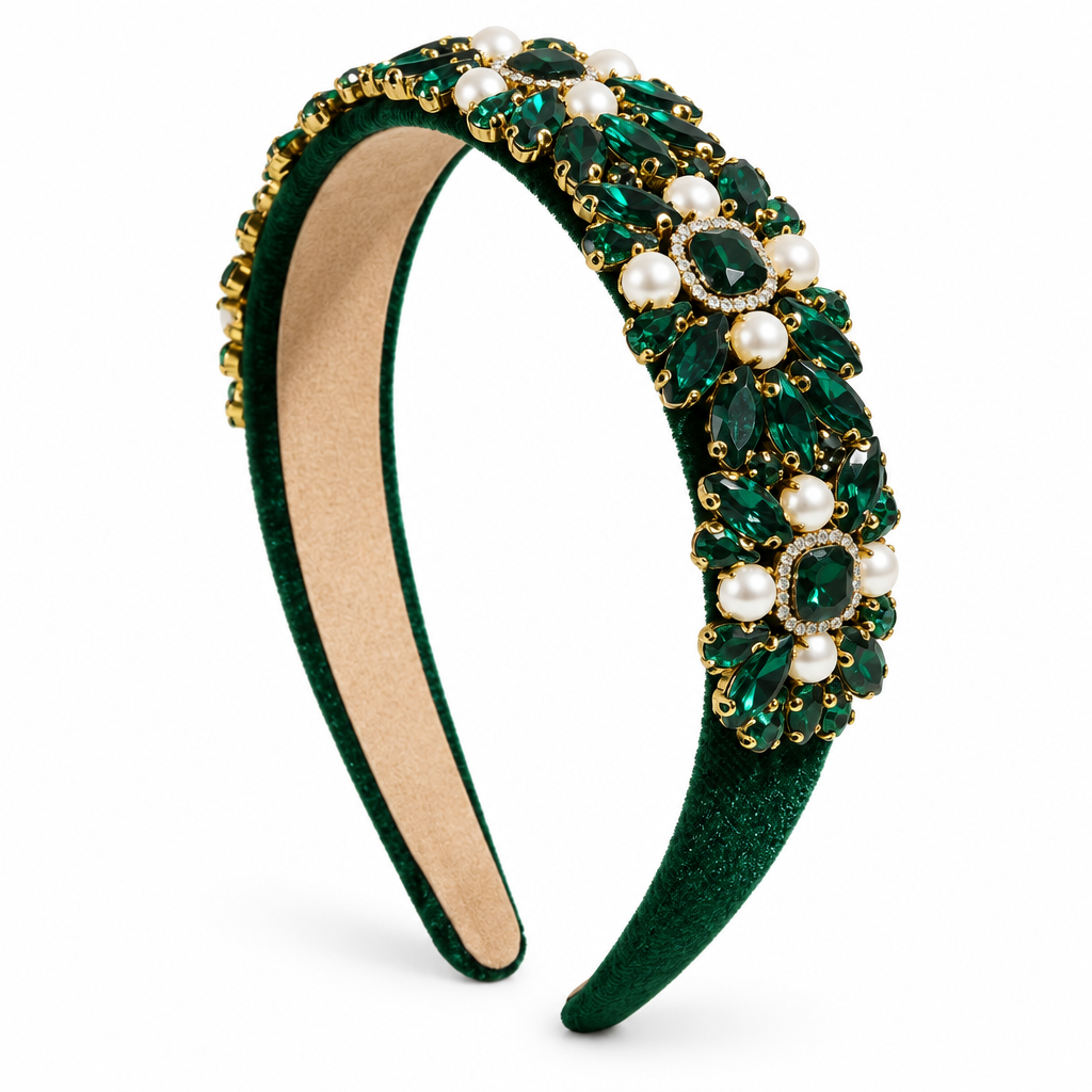 Emerald velvet padded headband with green crystals, pearls and antique gold-tone settings – Victoria London