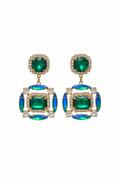 Emerald and teal crystal statement drop earrings with emerald-cut stones and pavé halos in gold tone – Victoria London
